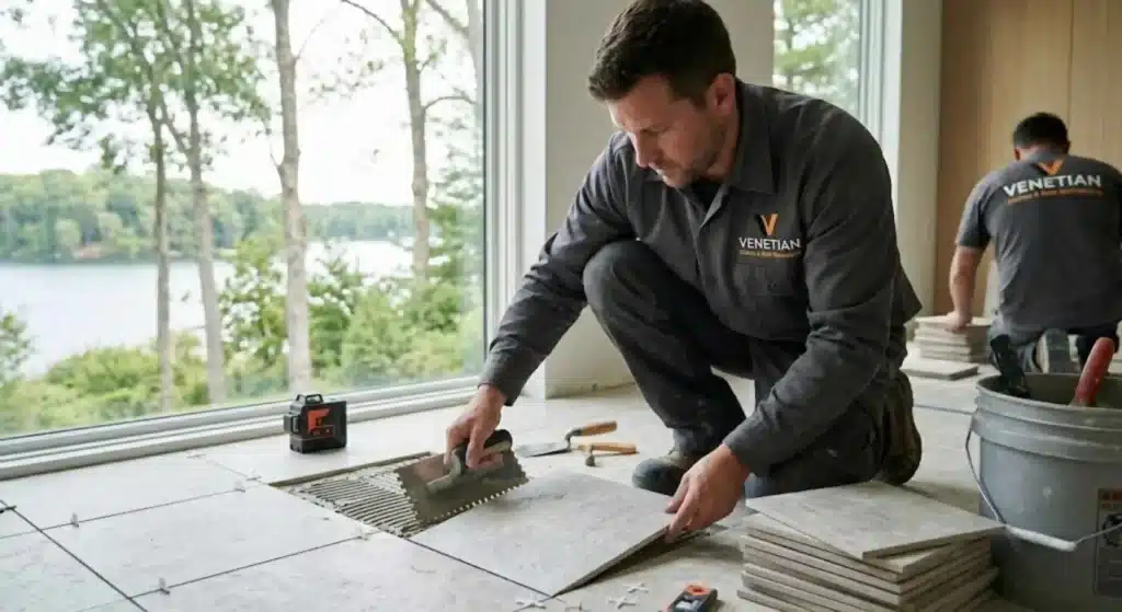 Bathroom remodeling contractor installing tile in Lake Forest spa bathroom project