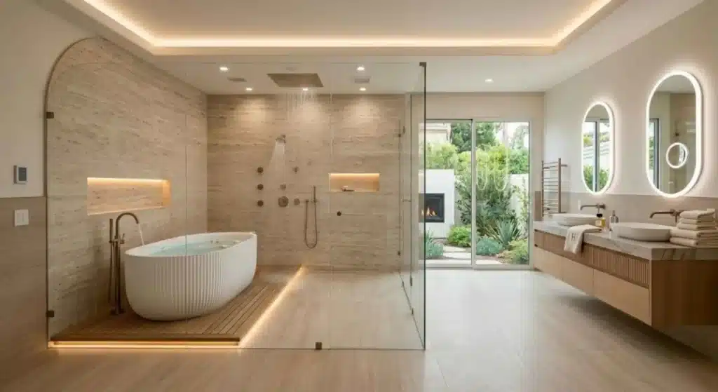 Completed luxury bathroom renovation with premium finishes