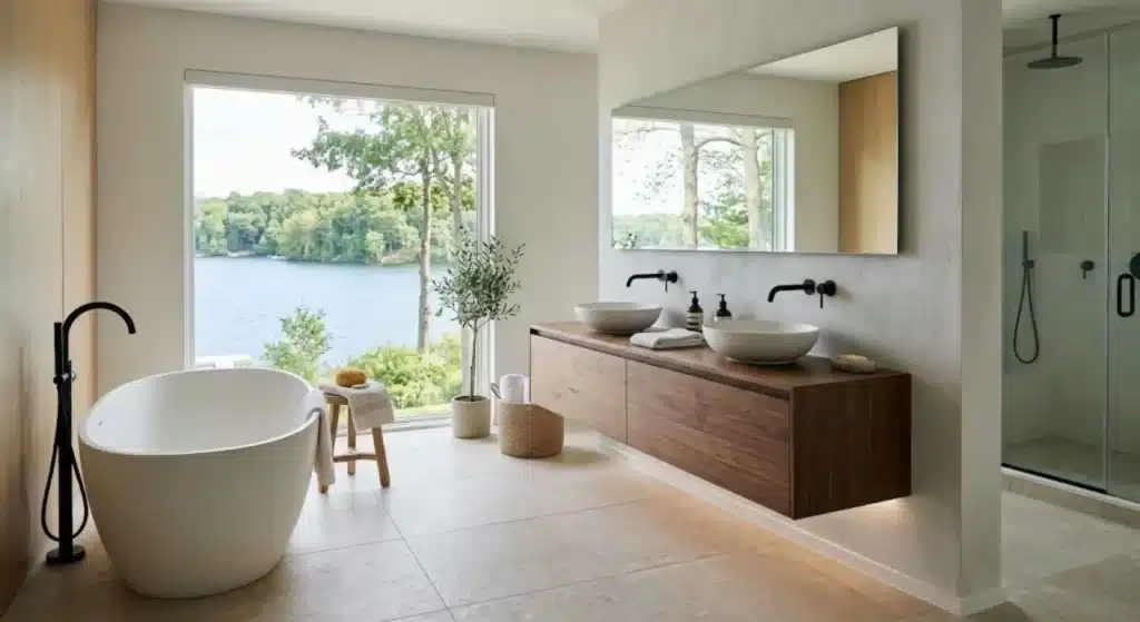 Floating vanity and minimalist spa bathroom design in Lake Forest remodel