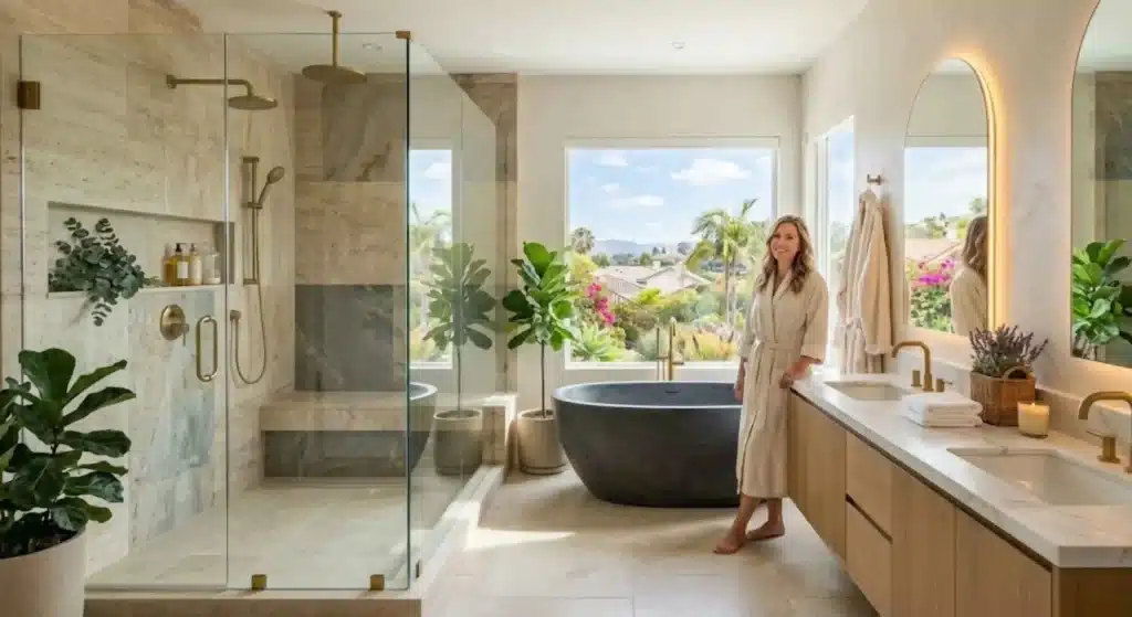Luxury spa-inspired bathroom remodel with frameless glass shower in Mission Viejo