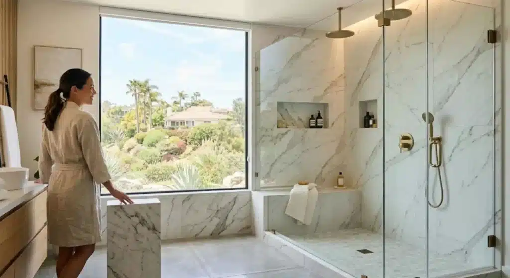 Modern bathroom remodeling project in Mission Viejo with walk-in shower