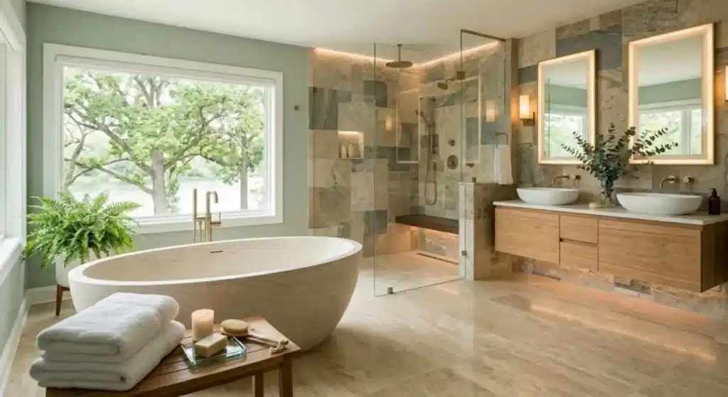 Modern spa-like bathroom remodel in Lake Forest with walk-in shower and stone tiles