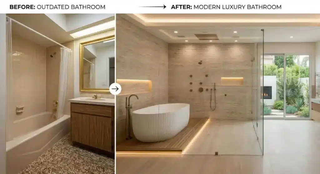 Outdated bathroom transformed into modern luxury bathroom