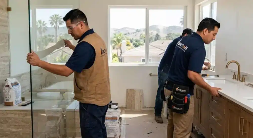 Professional bathroom remodeling team working in Mission Viejo home