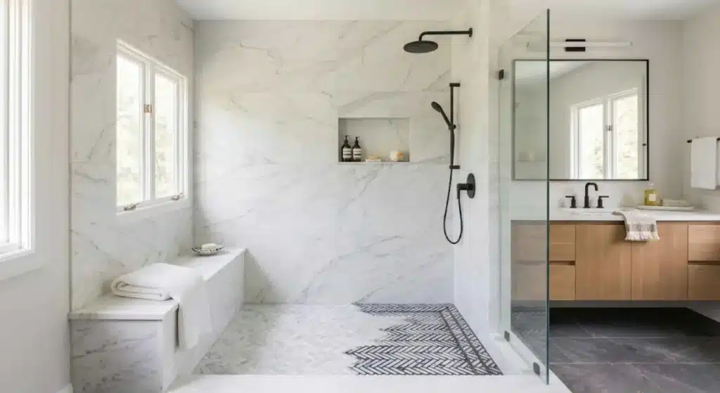 Finished Lake Forest bathroom remodel with walk-in shower