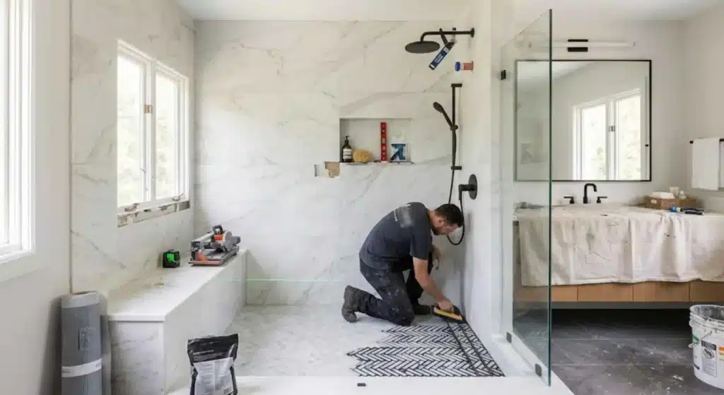 Modern walk-in shower installation in Lake Forest bathroom