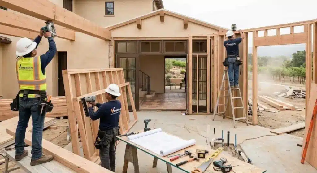 Professional room addition construction team working in Santa Margarita