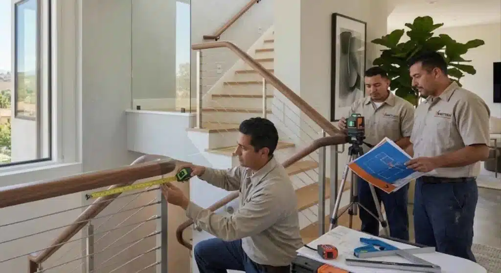Professional handrail installation team measuring a Mission Viejo staircase